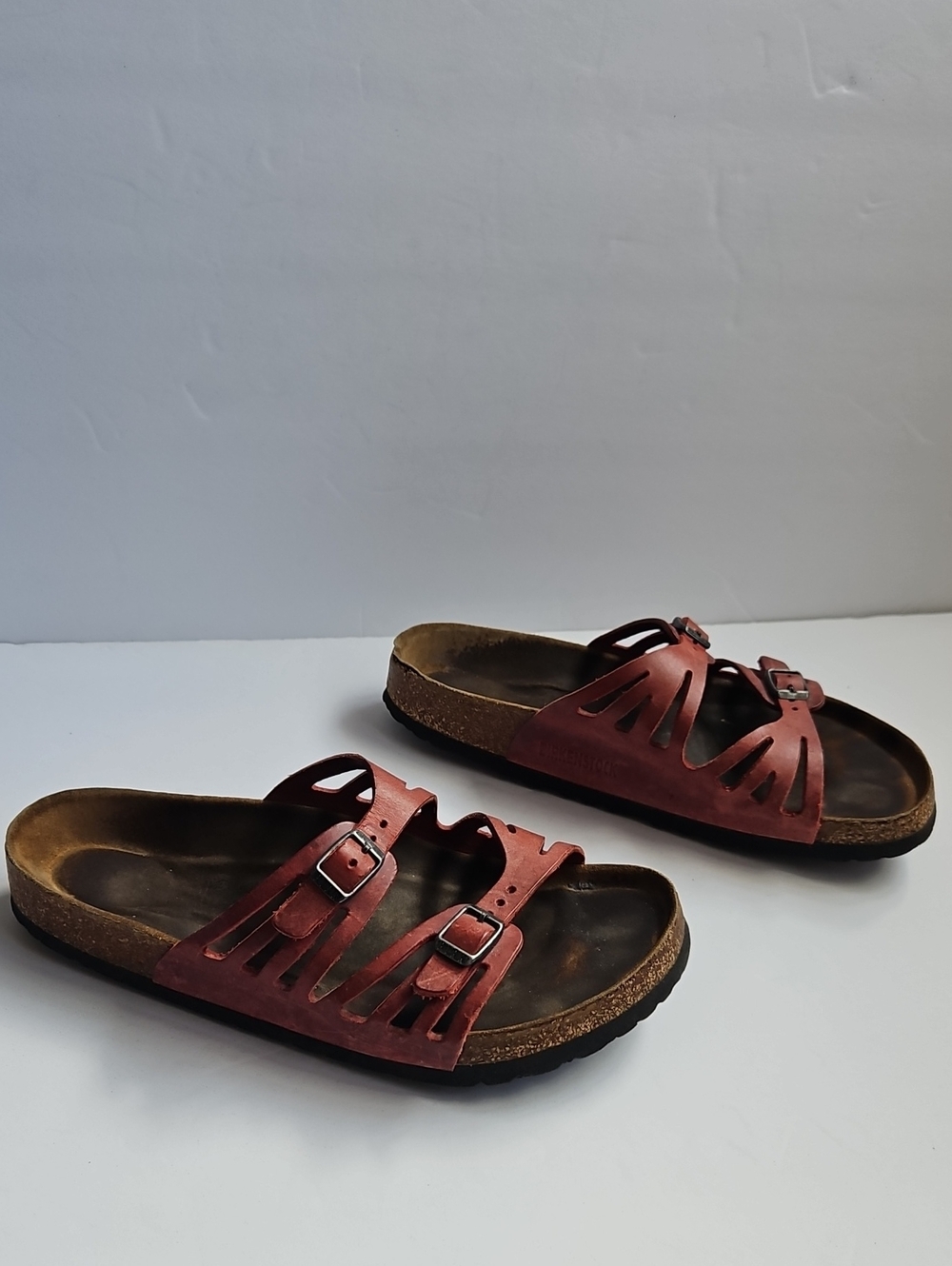 Birkenstock Red Leather Strappy Slip On Slide Sandals
